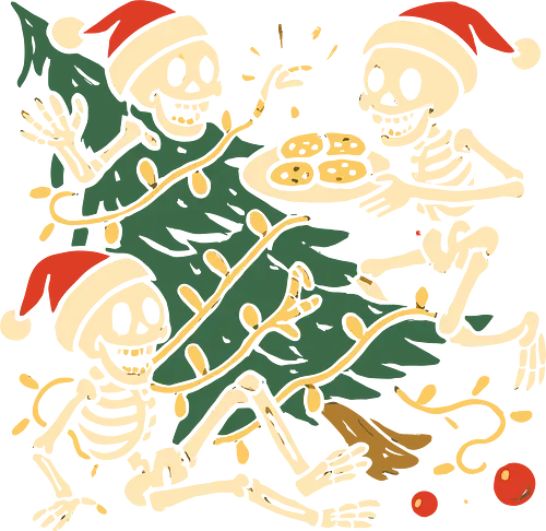 Skeleton Cookie Christmas Chaos - Skeleton Christmas, funny Christmas, spooky holiday, macabre humor, Santa skeletons, Christmas cookies, quirky graphic, tangled lights, gothic Christmas, t-shirt design, art print, unconventional holiday, dark humor.
